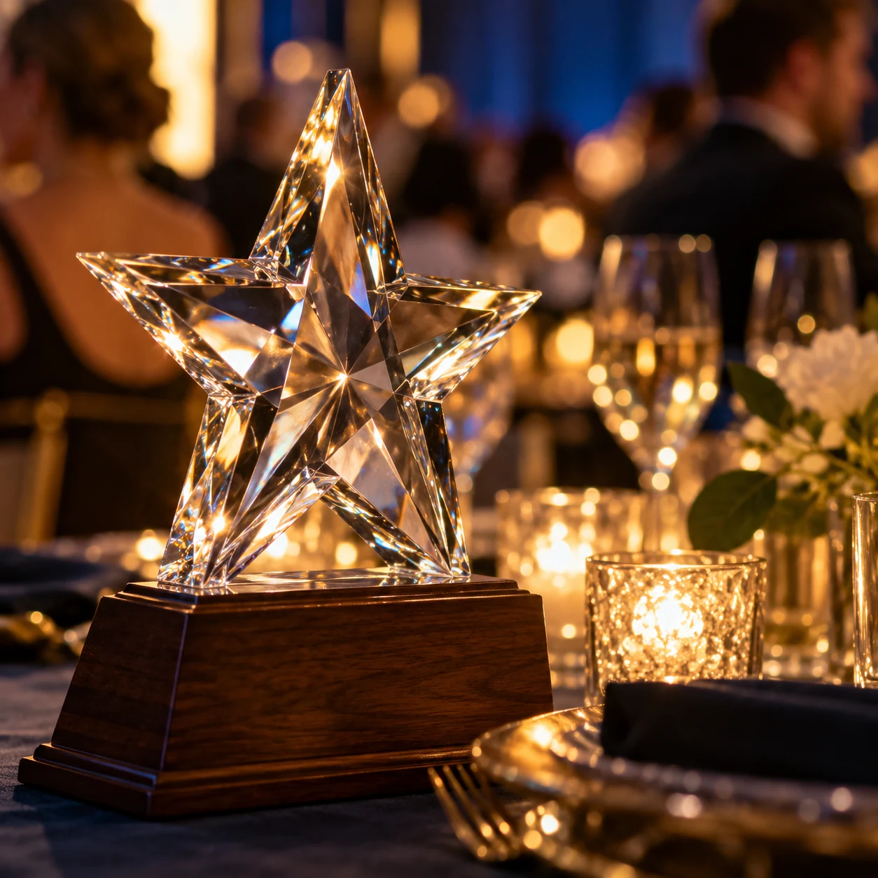 Illustrative cut-crystal star award in warm light